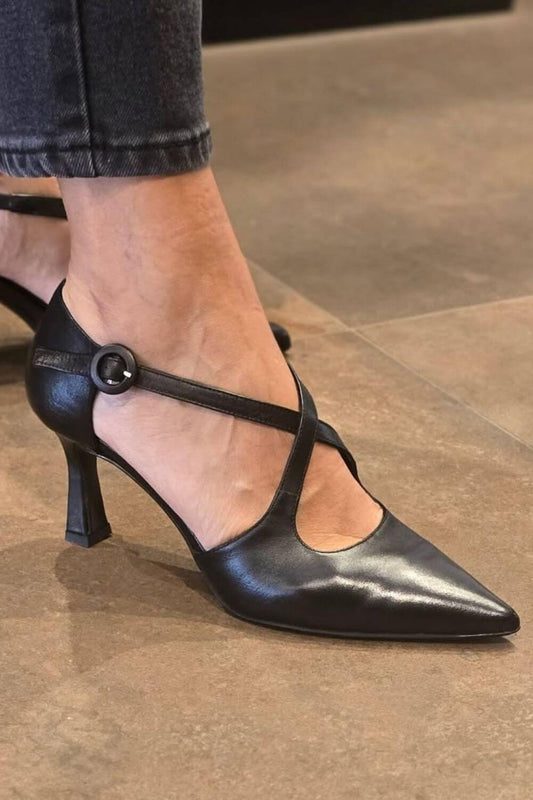 Black Leather Pointed Cross Strap Stiletto Pumps