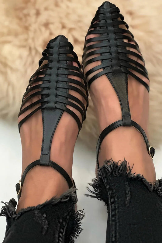Casual Plain Hollow Out T-Strap Pointy Toe Black Sandals
