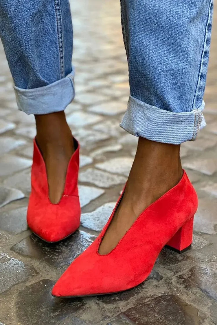 Faux Suede Cut Out Slip On Pointy Toe Chunky Heels