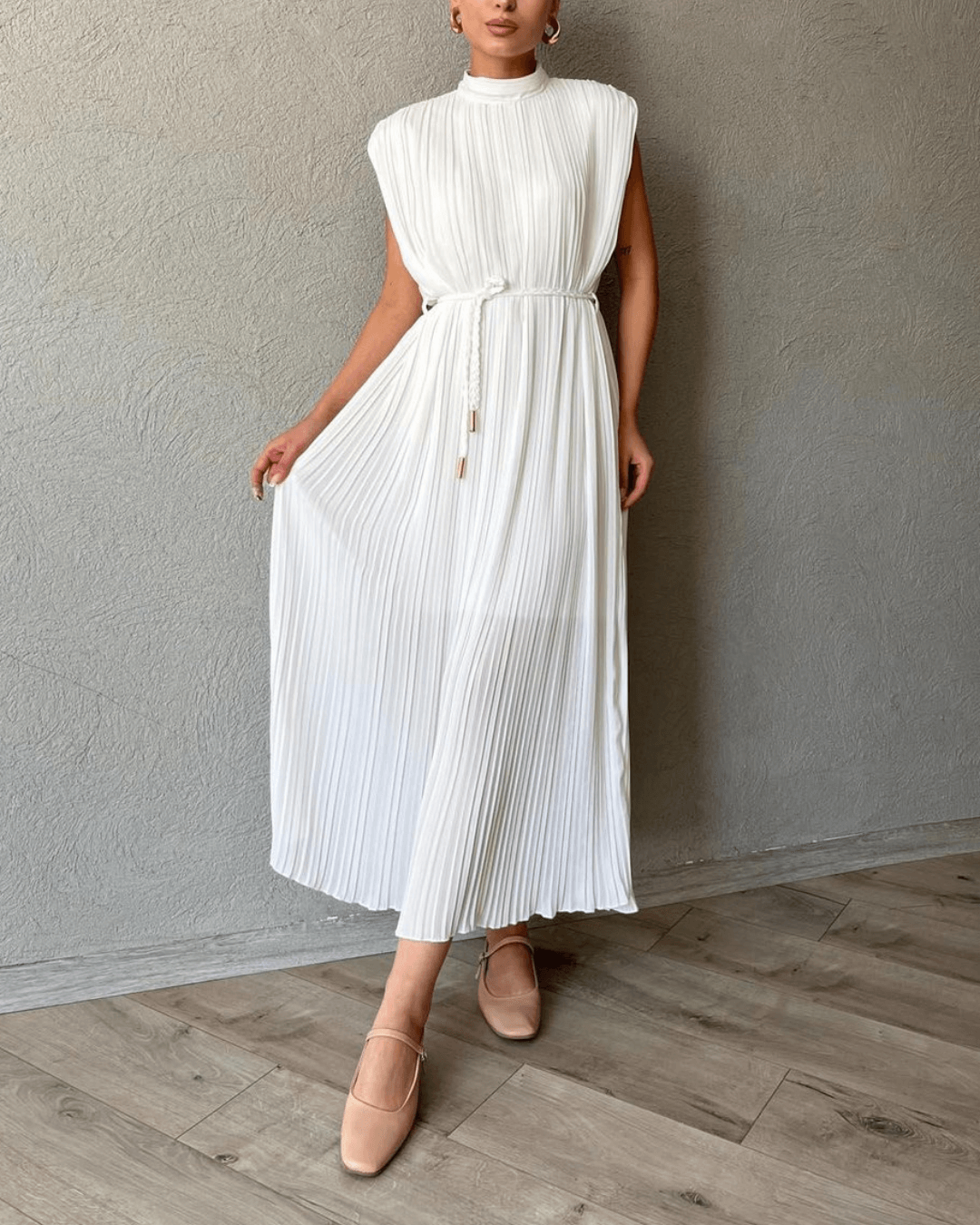 Pleated High Neck Midi Dress Belted Sleeveless