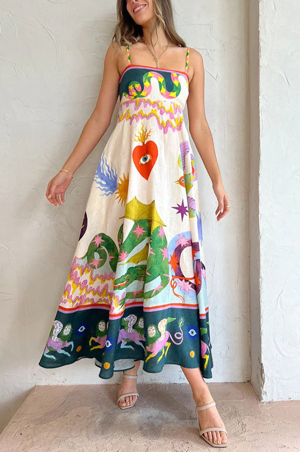 Linen Blend Unique Print Smocked Back Midi Dress