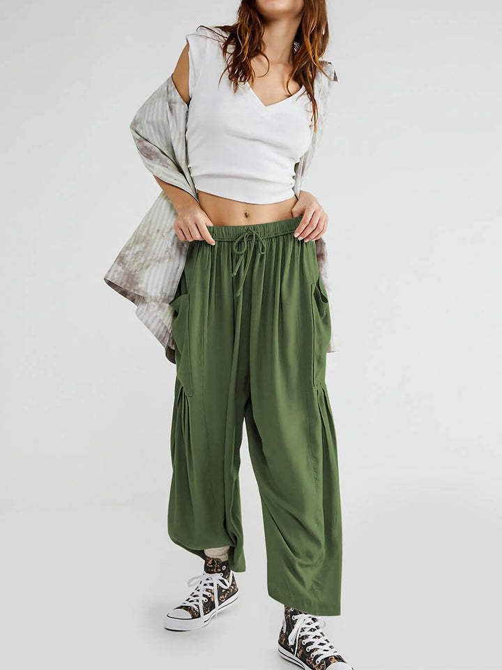 Drawstring Elastic Waist Wide Leg Yoga Pants Cargo Style