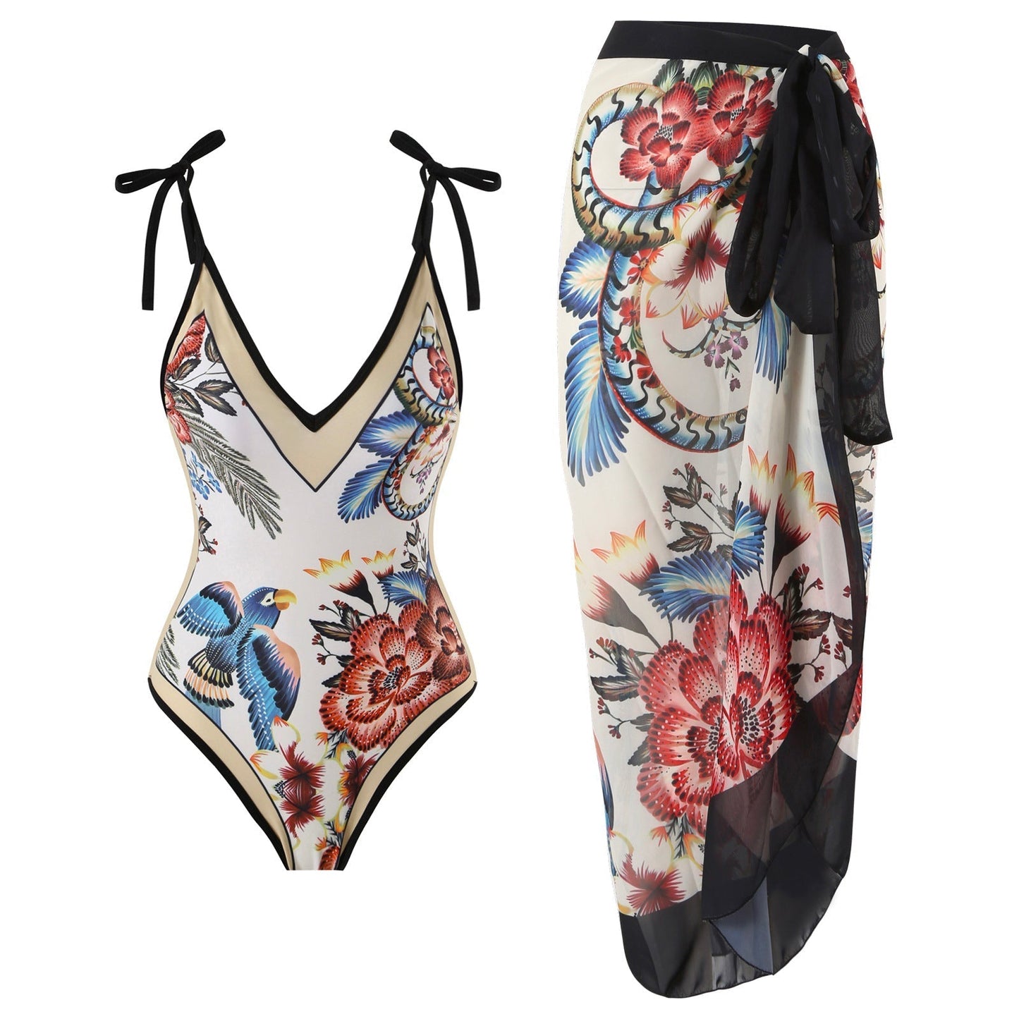 Geblümter tropischer Print V-Ausschnitt Einteiler Badeanzug Sarong Cover-Up Set