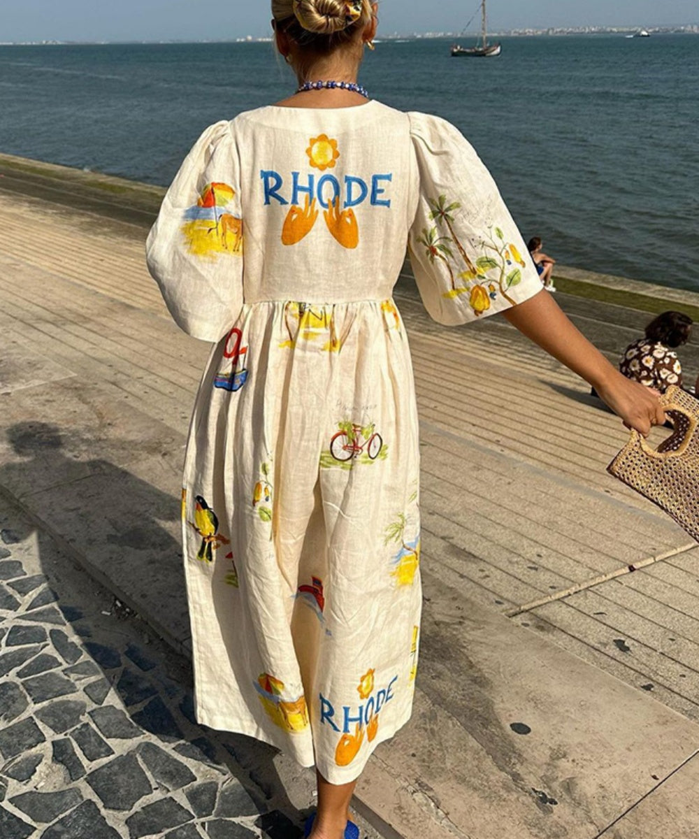 Midi-Kleid mit V-Ausschnitt, Puffärmeln und durchgehender Knopfleiste im Küsten-Print