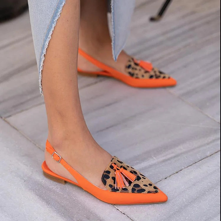 Leopard Print Tassel Pointy Toe Slingback Flats