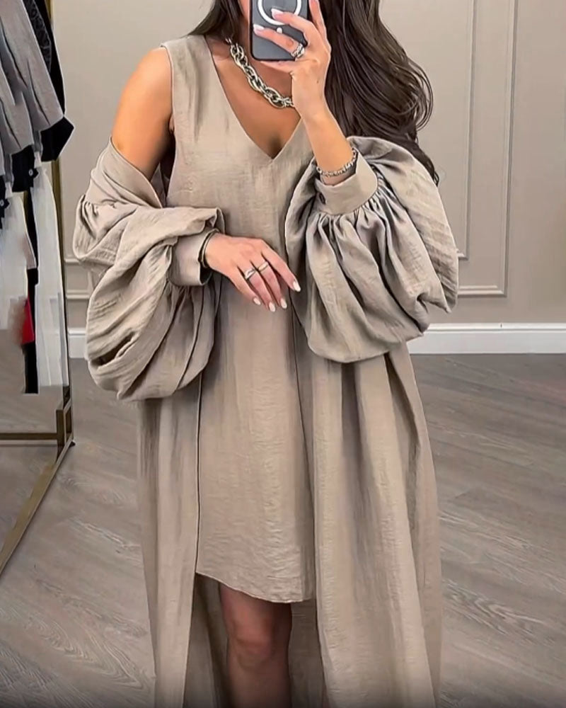 Textured Sleeveless V-Neck Mini Dress Lantern Sleeve Long Cardigan Two-Piece Set
