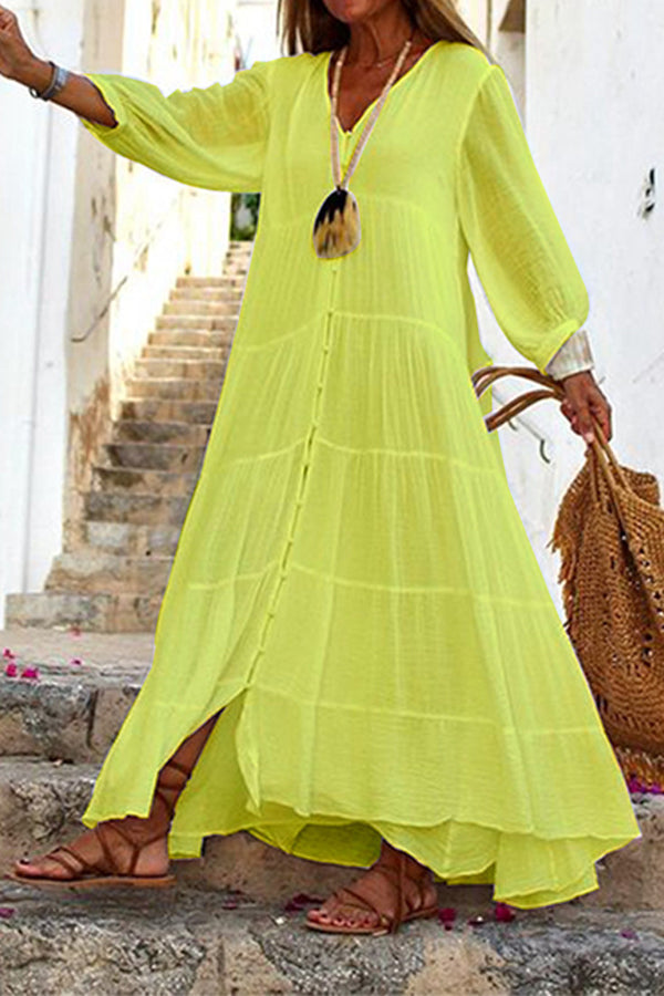 Vestido maxi de manga larga con botones y volantes, mezcla de algodón y lino