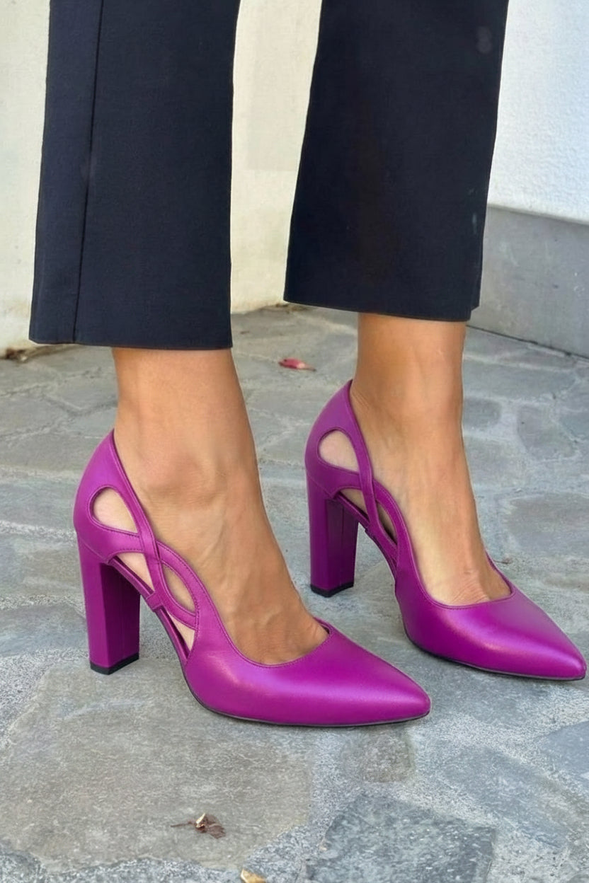 Faux Leather Cutout Block Heel Pointed Pumps