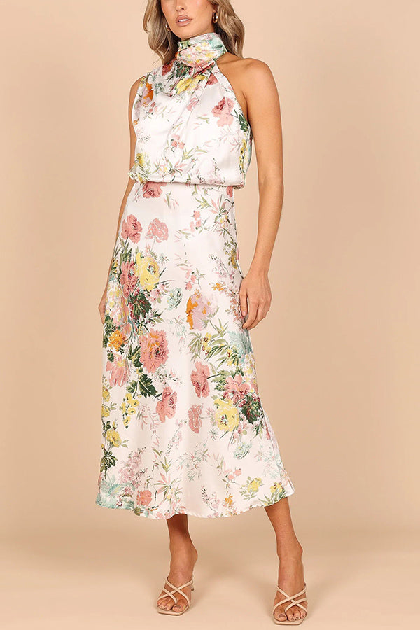 Vestido maxi floral con cuello halter y cintura elástica