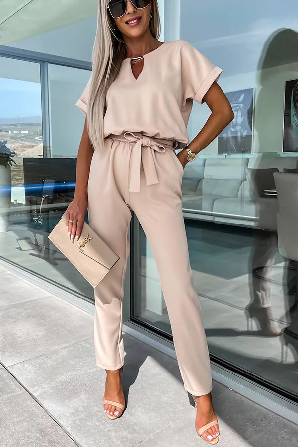 Metal Cutout Neck Belted Pocketed Jumpsuit