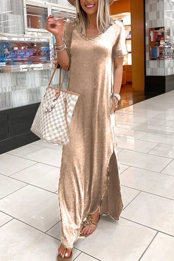 V Neck Short Sleeve Slit Maxi Dress