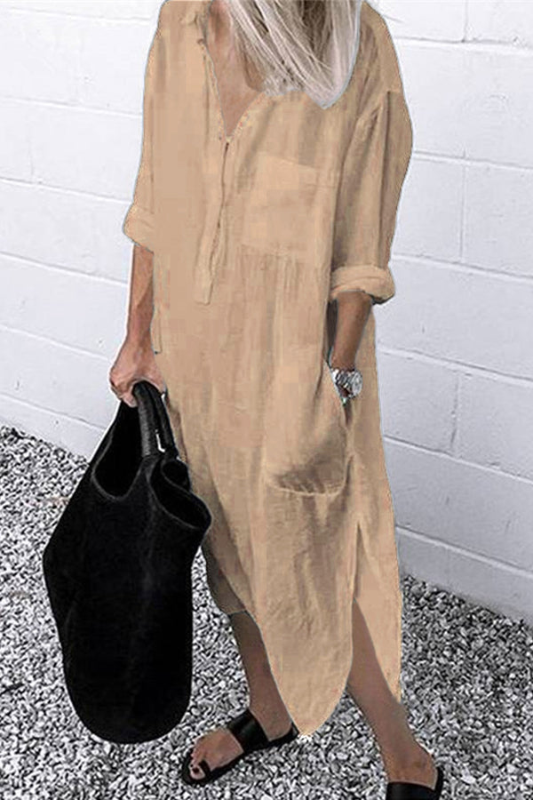 Solid Color V-Neck Long Sleeve Button Slit Shirt Dress