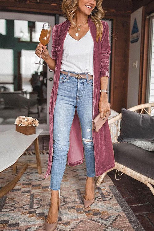 Open Front Long Sleeve Velvet Duster Coat