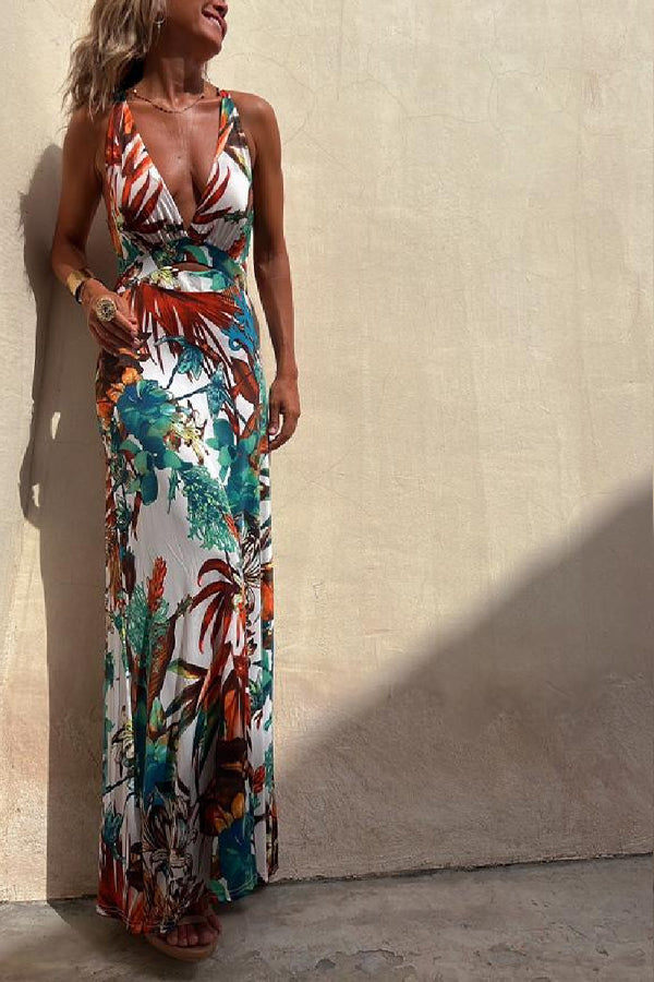 Maxikleid mit tropischem Print, Rückenausschnitt und überkreuztem Design