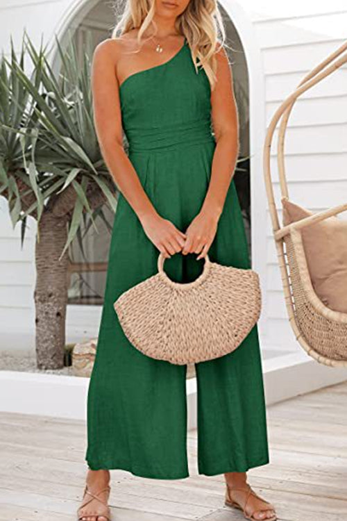 One Shoulder Pleated Wide Leg Jumpsuit