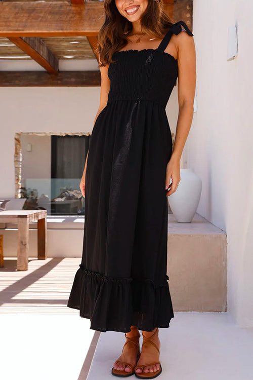 Bow Shoulder Smocked Ruffle Maxi Dress