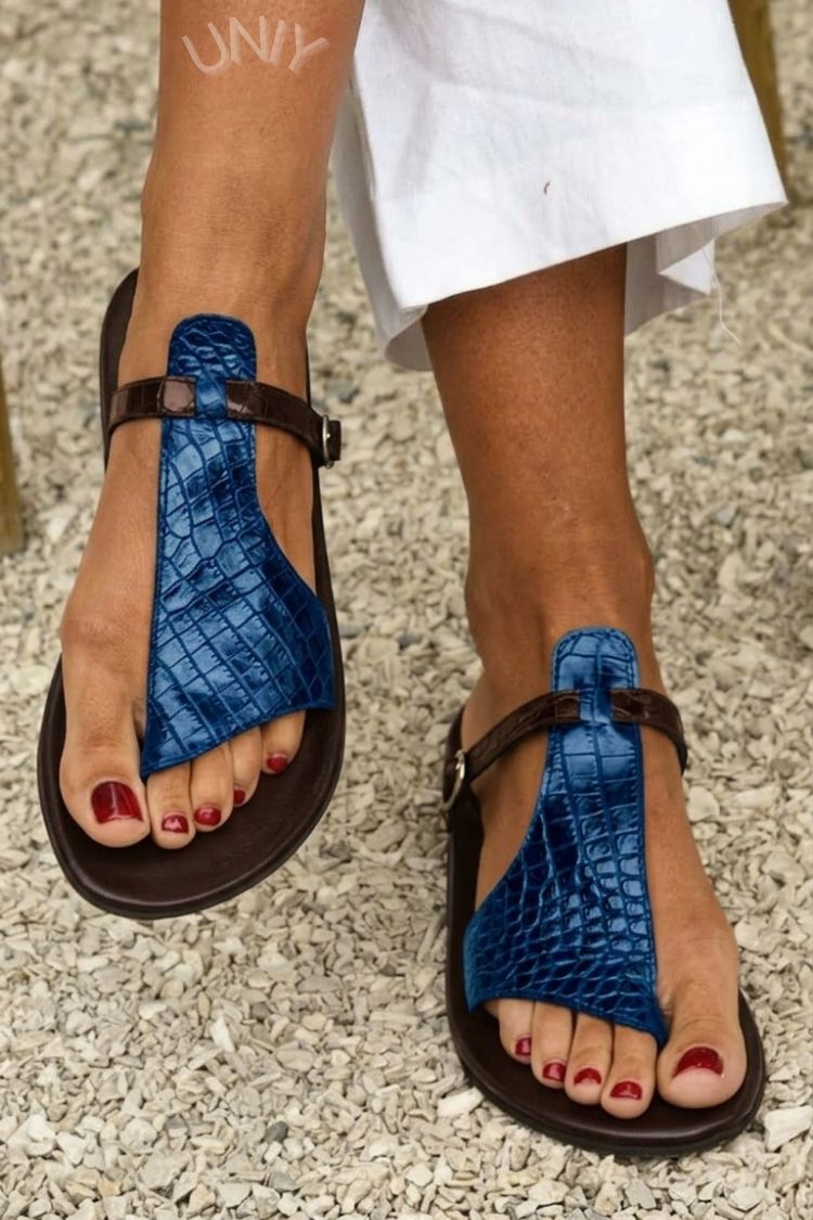 Crocodile Embossed T-Strap Buckle Flat Sandals