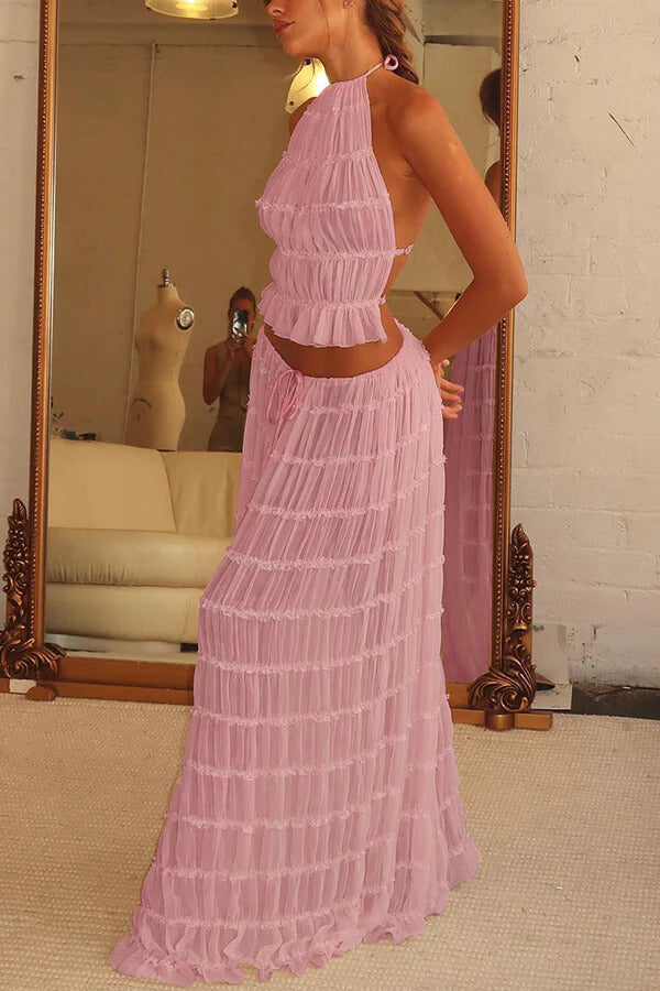 Pleated Halter Neck Crop Top Tiered Maxi Skirt Set