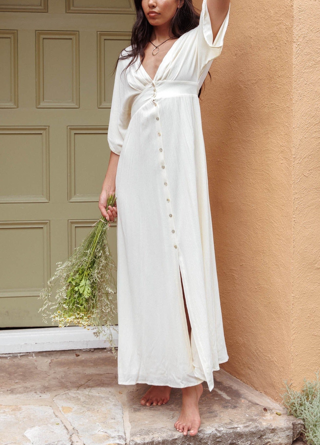 V-Neck Button Front Maxi Dress Elbow Sleeve Textured