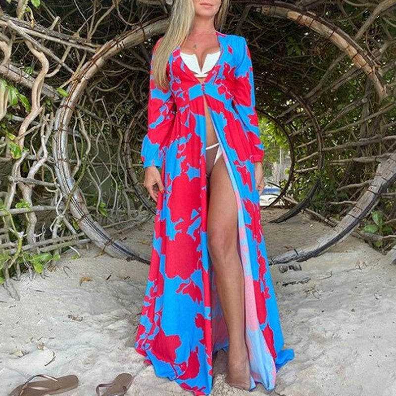 Vestido largo con escote en V, manga larga y abertura, estampado