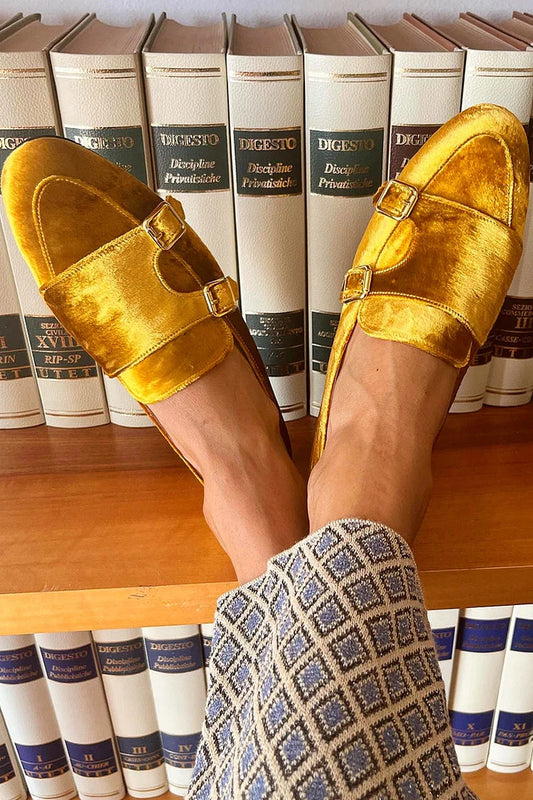 Velvet Buckle Detail Slip On Loafers