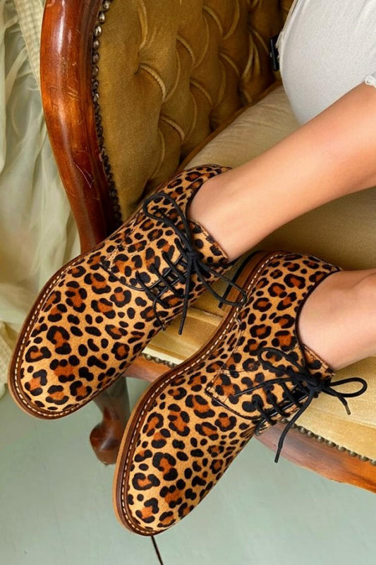 Leopard Print Lace Up Round Toe Brown Oxfords [Pre Order]