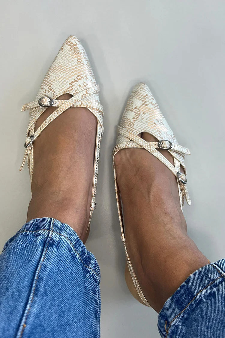 Pointed Toe Cross Straps Buckles Slingback Flats