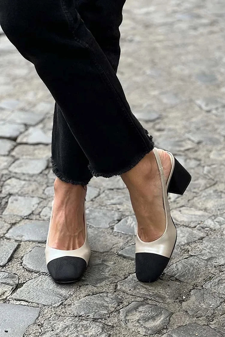 Colorblock Slingback Square Toe Champagne Chunky Heels