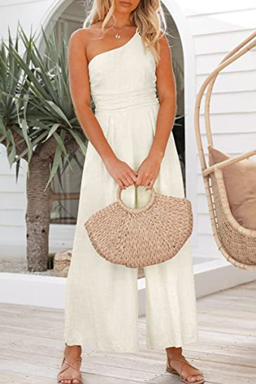 One Shoulder Pleated Wide Leg Jumpsuit