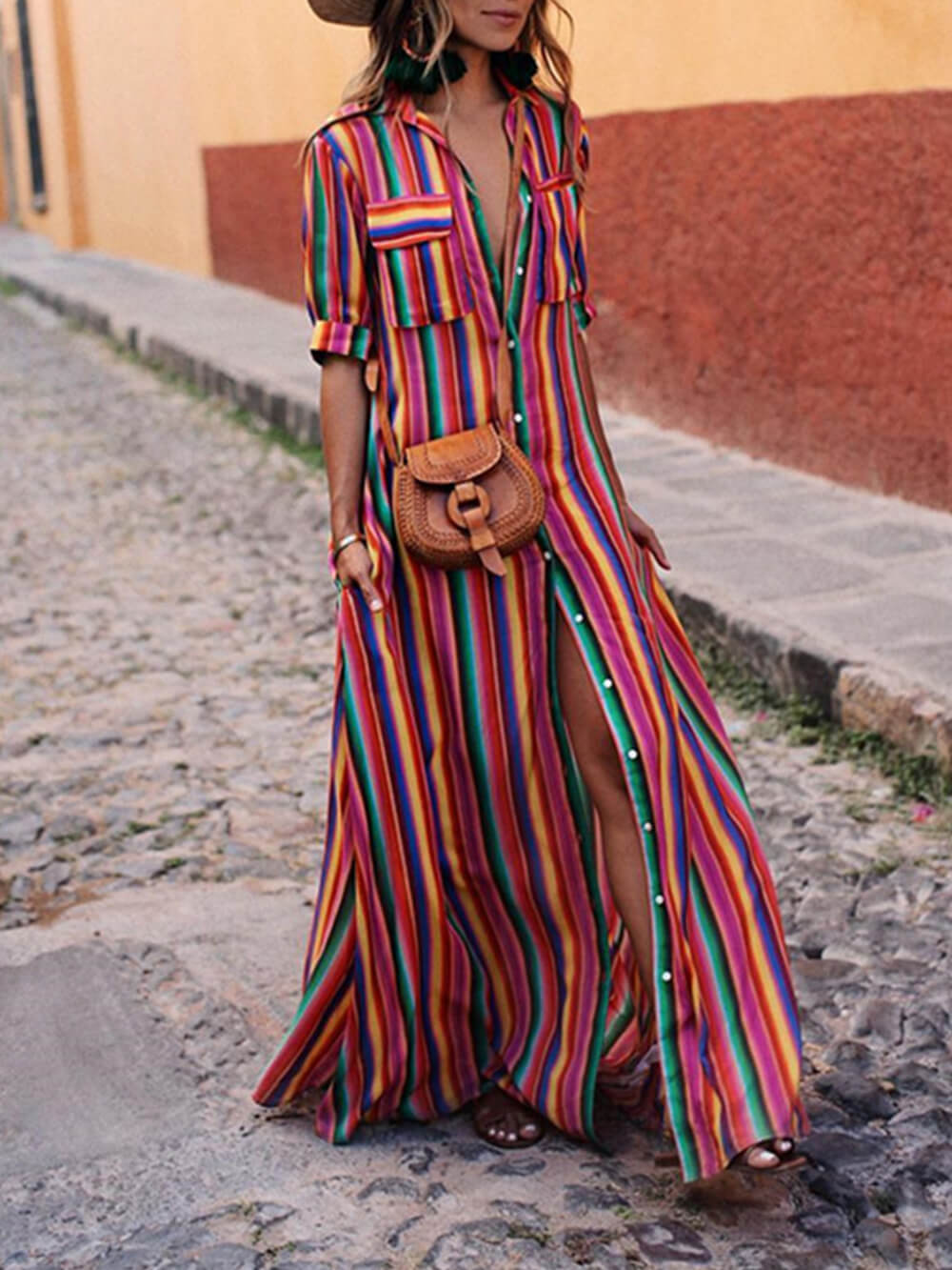 Striped Button Down Short Sleeve Collared Maxi Shirt Dress