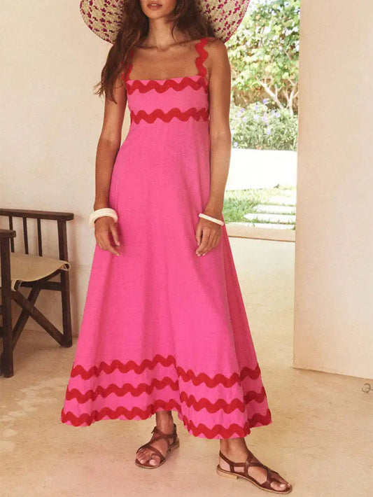 Ric-Rac Trim Square Neck Strap Maxi Dress