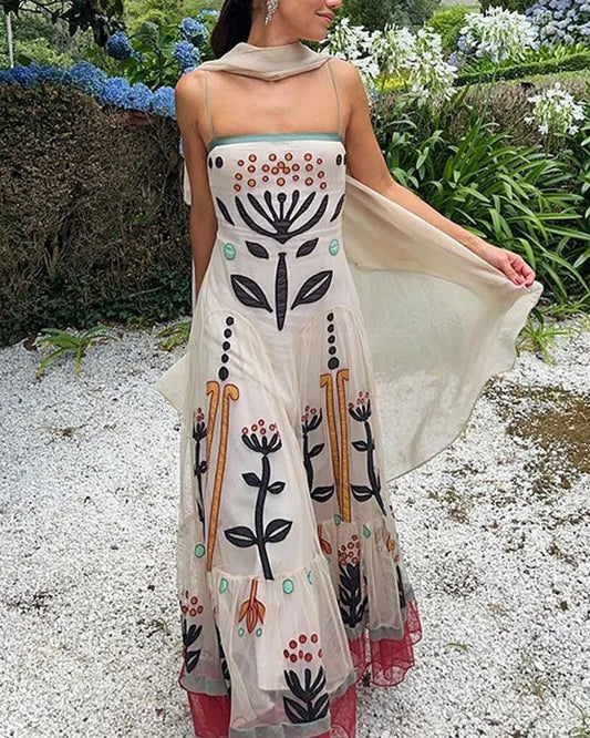 Embroidered Chiffon Sling Maxi Dress