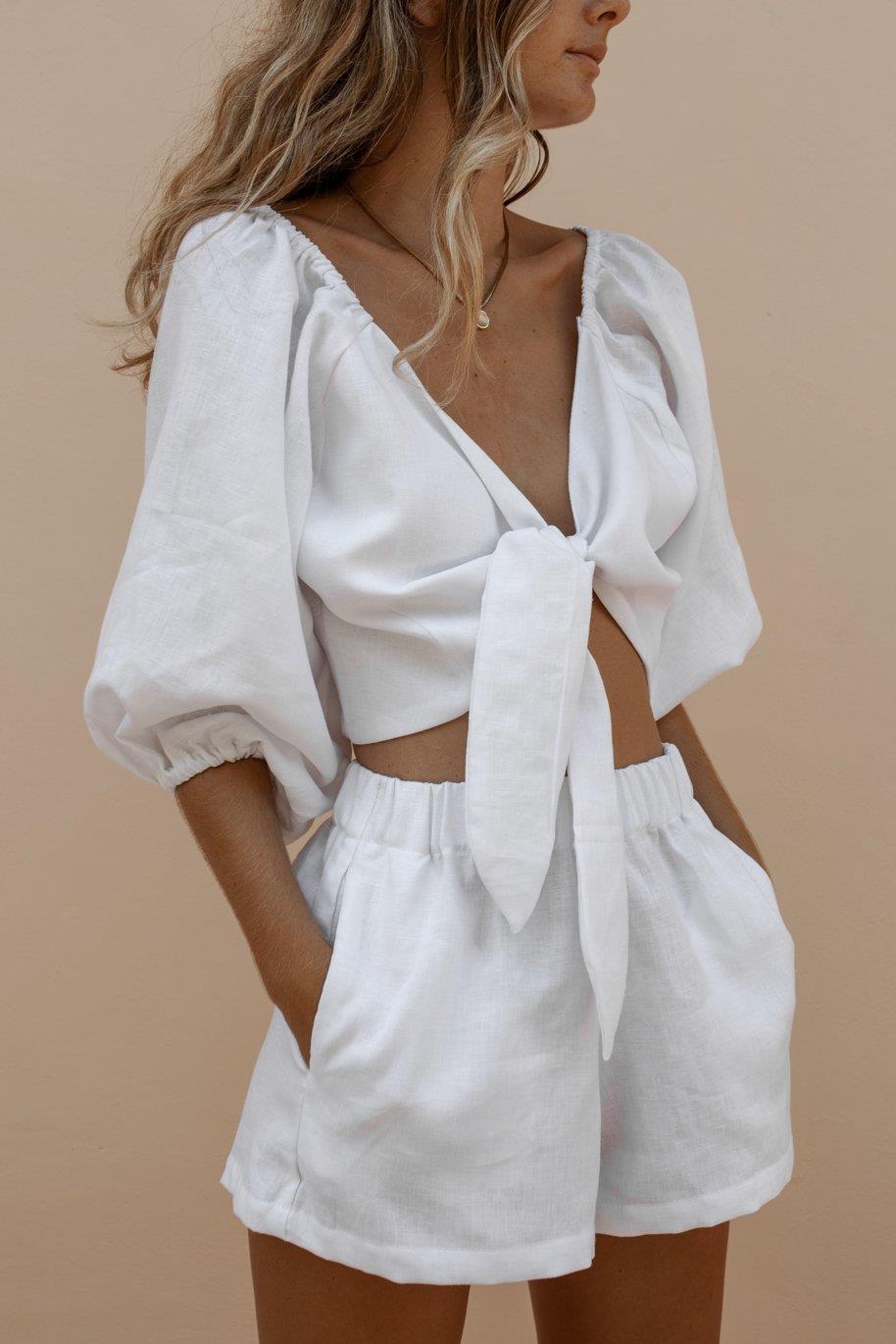 Linen Tie Front Puff Sleeve Crop Top High Waisted Shorts Set