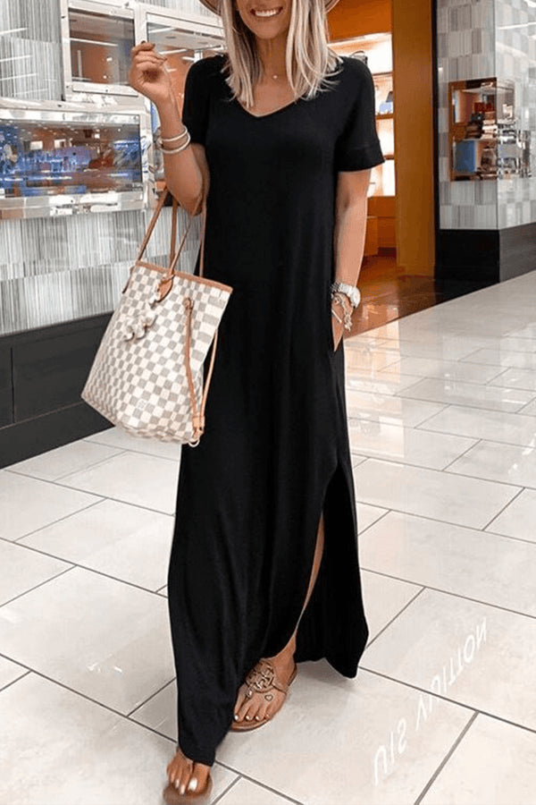 V Neck Short Sleeve Slit Maxi Dress
