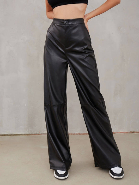 Pantalones casuales de pierna ancha de PU y cintura alta  