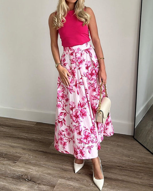 Crew Neck Tank Top and Pleated Floral Maxi Skirt Set