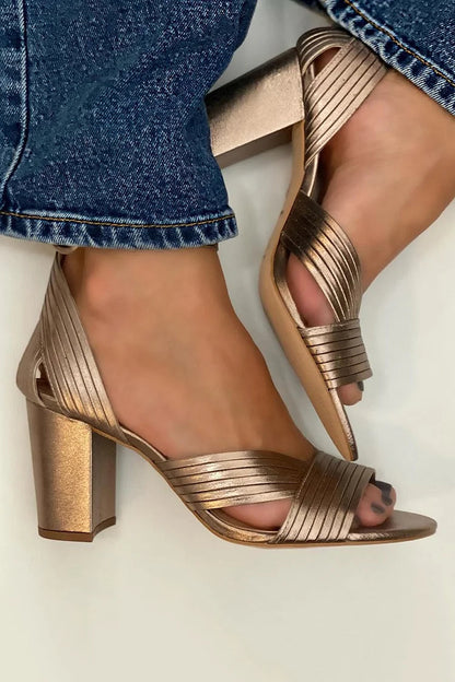 Textured Ribbed Sandals Toe Ankle Strap Gold Peep Heels