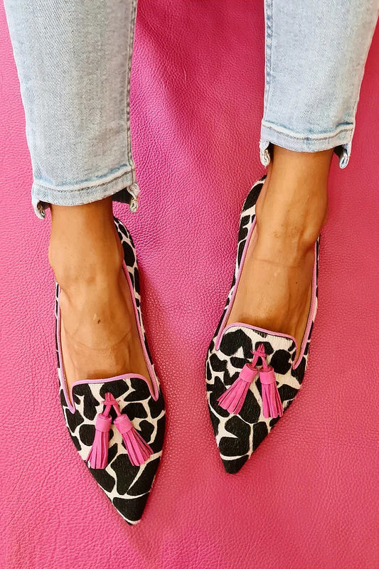 Faux Leather Cow Print Tassels Pointy Flats