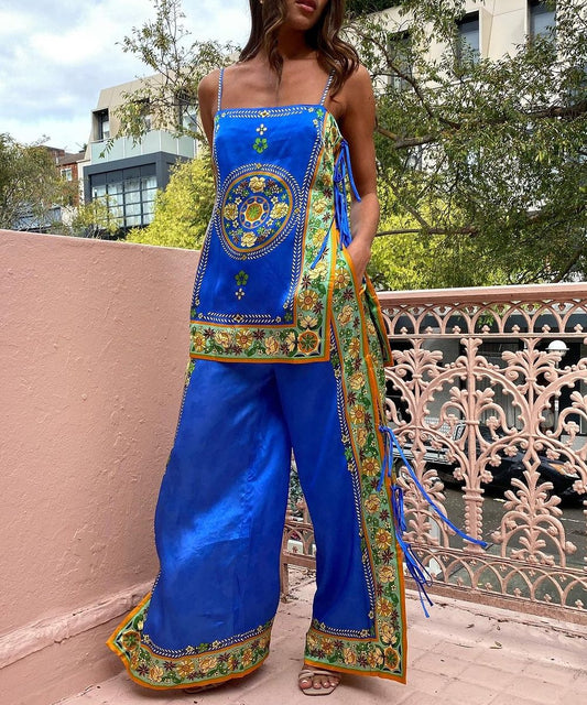 Exotica Print Spaghetti Strap Top and Wide Leg Trouser Set