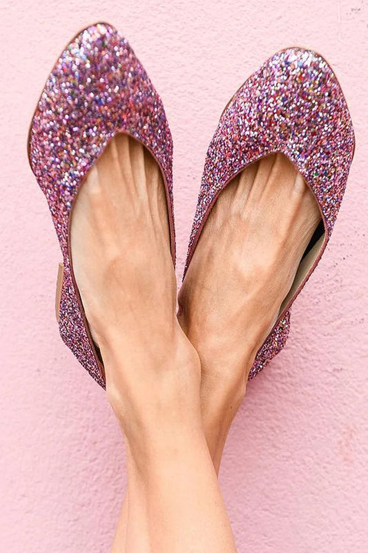 Glitter Sequin Pointy Toe Low Top Slip On Flats
