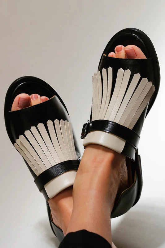 Fringe Open Round Toe Slip-On Sandals