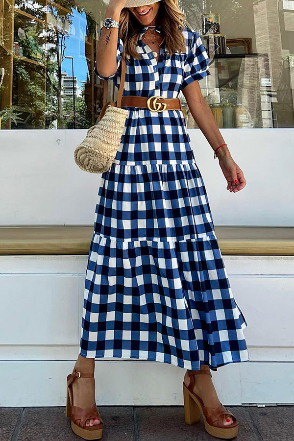 Plaid V-Neck Tiered Midi Dress