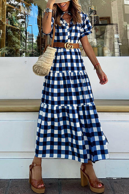 Plaid V-Neck Tiered Midi Dress