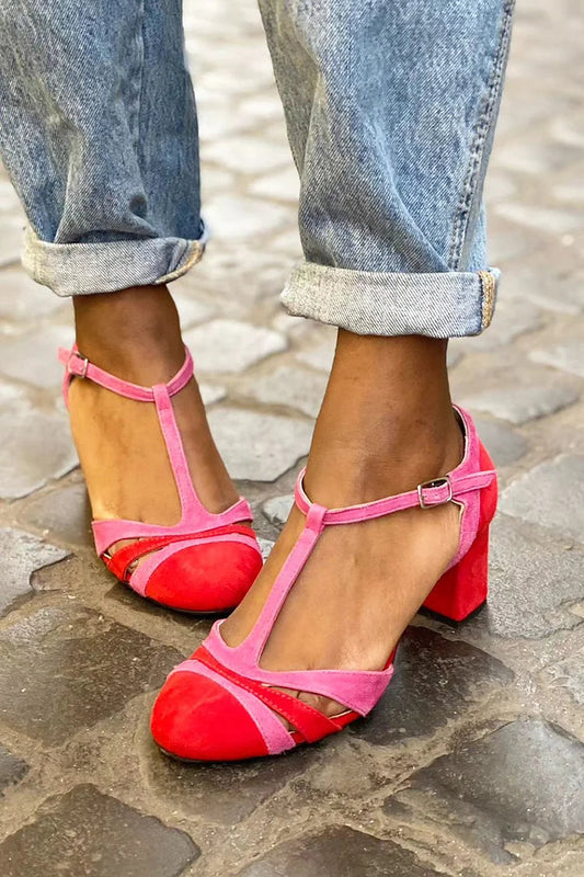 Hollow Out T-Strap Buckle Chunky Heels