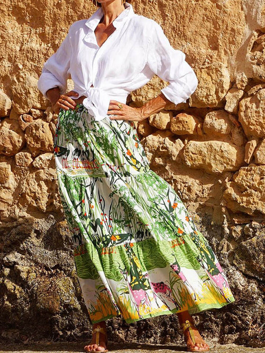 Printed Tiered Midi Skirt High Waisted