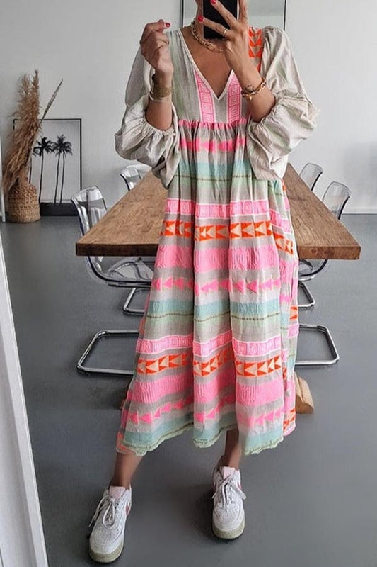 Greek Key and Chain Striped Print V-Neck Midi Dress