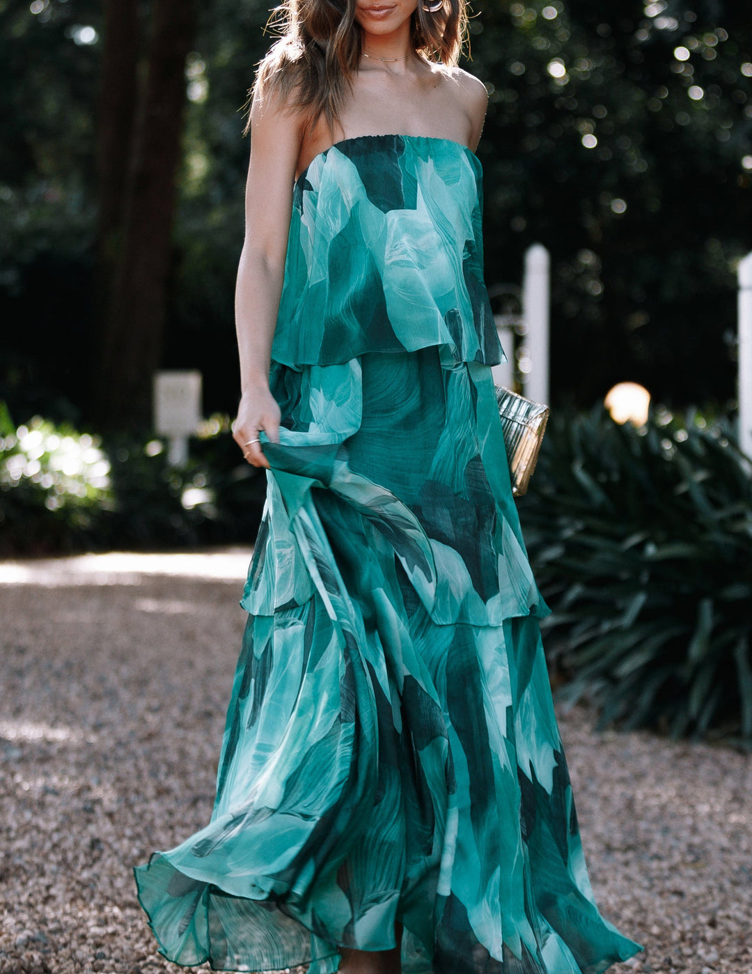 Strapless Tiered Bloom Print Maxi Dress