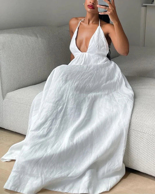 Deep V-neck halter cotton and linen maxi dress