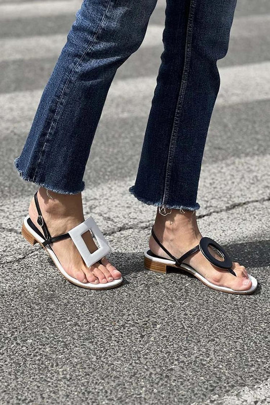 Colorblock Asymmetric Geometric Decor Round Toe White Sandals [Pre Order]