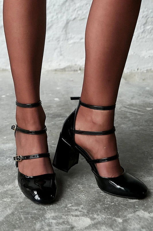 Multi Strap Buckle Round Toe Chunky Heels